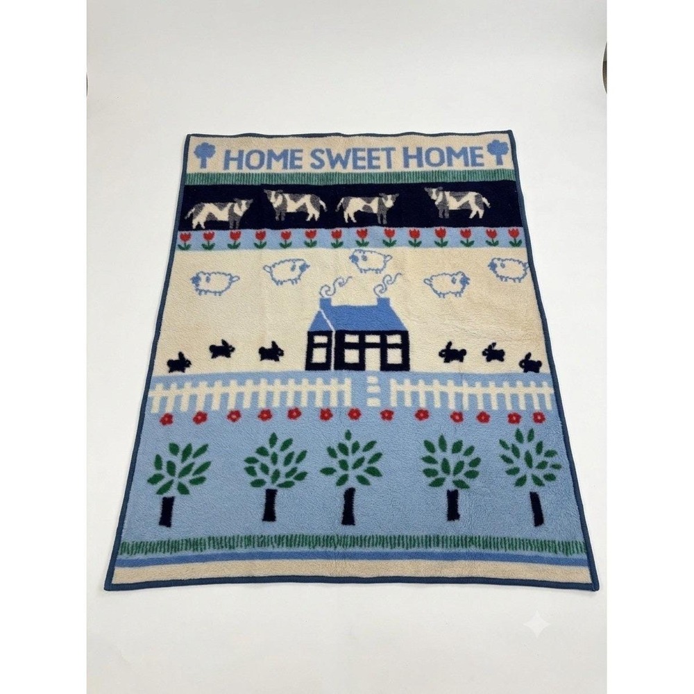 VTG Crown Crafts Home Sweet Home Blanket Farmhouse Acrylic Throw 80s Cow Sheep